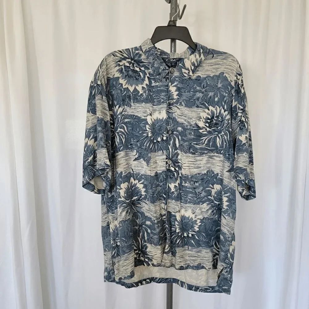 vintage club 100% silk Hawaiian shirt grayblue men's size XL